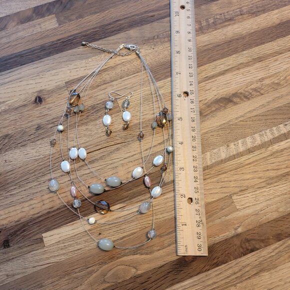 Beaded Necklace & Earring Set w Silver, White, and Amber Colors - Picture 9 of 13